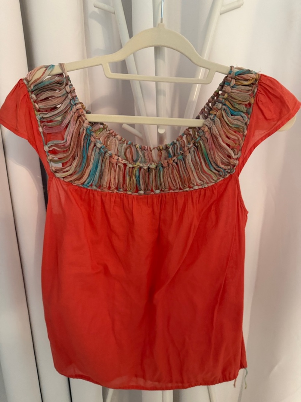 Lucky Brand Coral Orange Top with Multicolor Braided Yoke